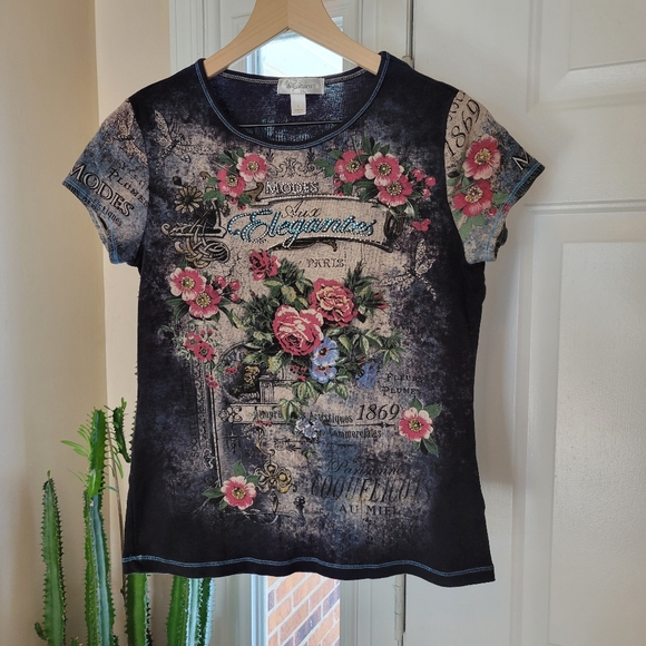dressbarn Tops - Dressbarn Y2K Vintage Style Graphic Printed Retro Black Grunge‎ T-Shirt, Size L